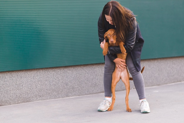 女の子は美しい茶色の犬を抱擁します