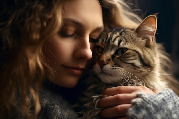 the girl hugs the cat love of pets