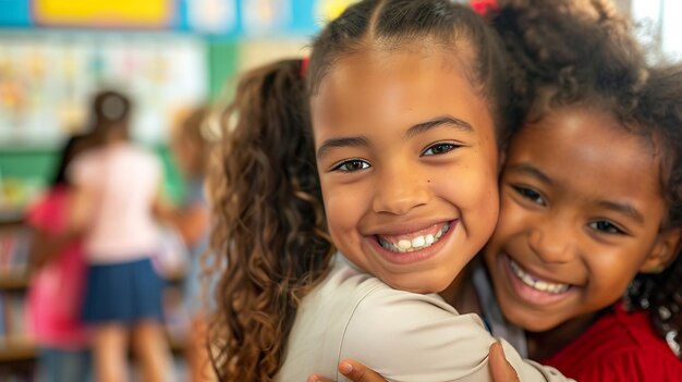 Photo a girl hugs a girl in a classroom