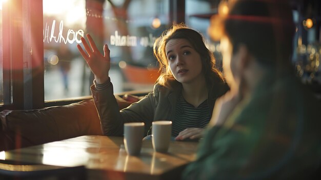 Photo girl ignoring and rejecting to a stalker man waving her in a coffee shop in a blind generative ai