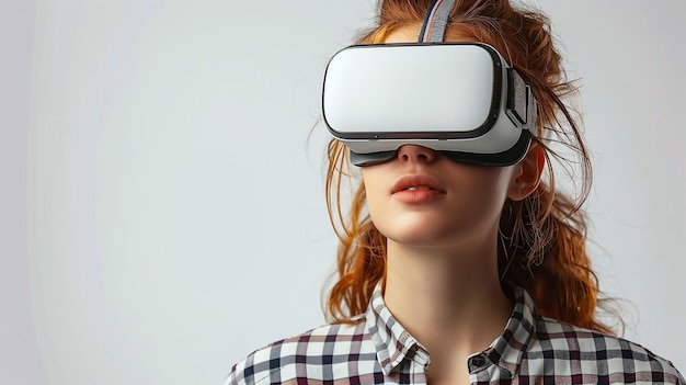 Девушка погружена в игру виртуальной реальности и метаверс с помощью VR-гарнитуры