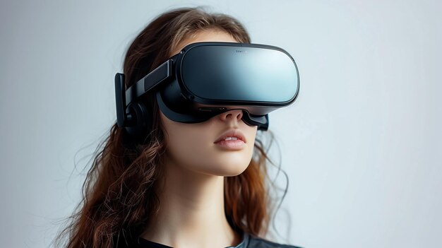 Девушка погружена в игру виртуальной реальности и метаверс с помощью VR-гарнитуры