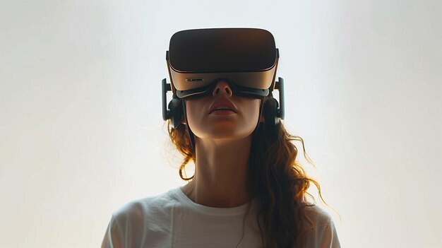 Foto ragazza immersa in un gioco di realtà virtuale e metaverso usando un auricolare vr