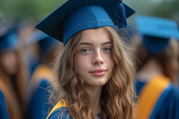 Фото Девушка в синей шляпе и платье стоит перед группой выпускников у неё улыбка на лице и она выглядит уверенно