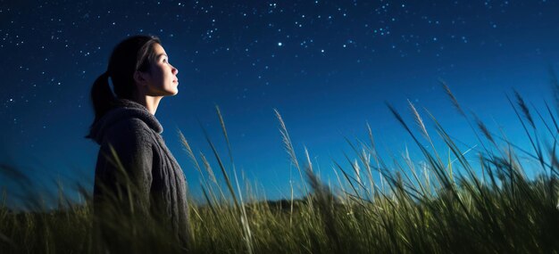 写真 夜空と星の下で緑の草の中の女の子