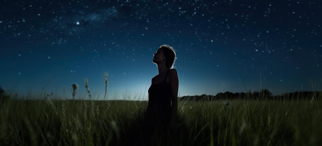 写真 夜空と星の下で緑の草の中の女の子