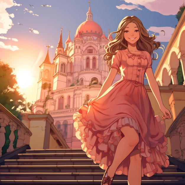 사진 분홍색 드레스를 입은 소녀가 유럽 스타일의 건물의 계단을 내려가고 있다.