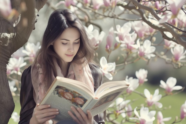 写真 花をかせたマグノリアの木の下で絹のスカーフをかぶった女の子が本を読んでいる