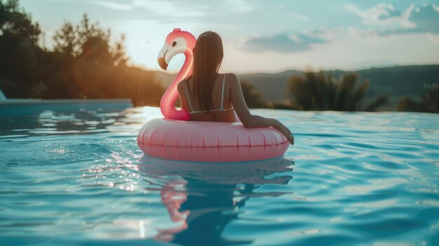 Girl on an inflatable flamingo ring in swimming pool Back view