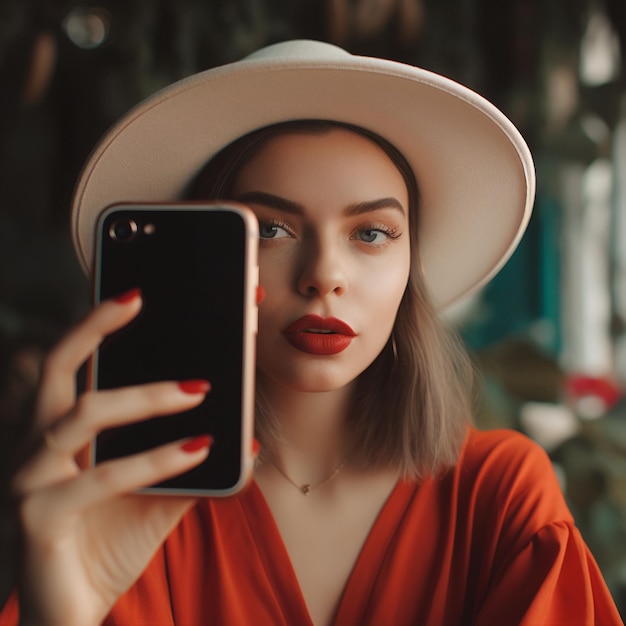 A girl an influencer taking a picture of herself a selfie a girl holding a phone