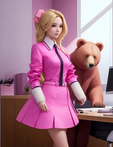 Girl is blonde skin pink as pink with bear skin finishes on her left shoulder is the natural mode