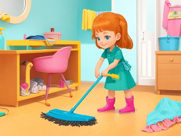 女の子は部屋を掃除しています