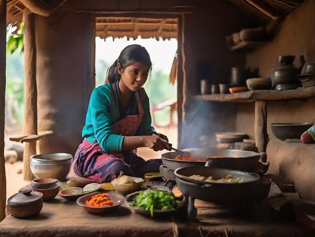 Photo a girl is cooking in a small hut