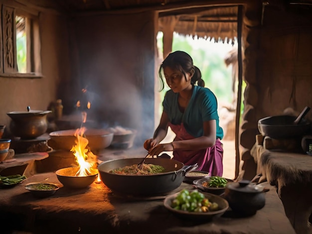 A girl is cooking in a small hut