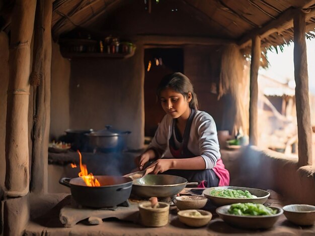A girl is cooking in a small hut