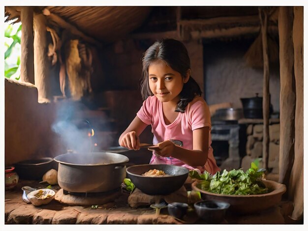 A girl is cooking in a small hut