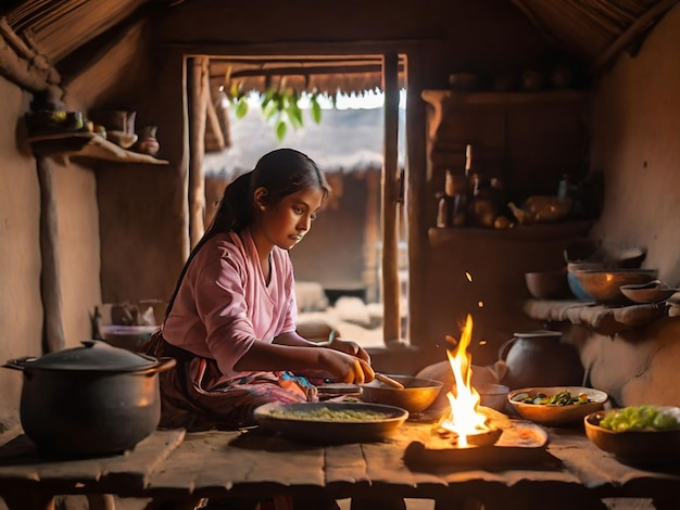 A girl is cooking in a small hut