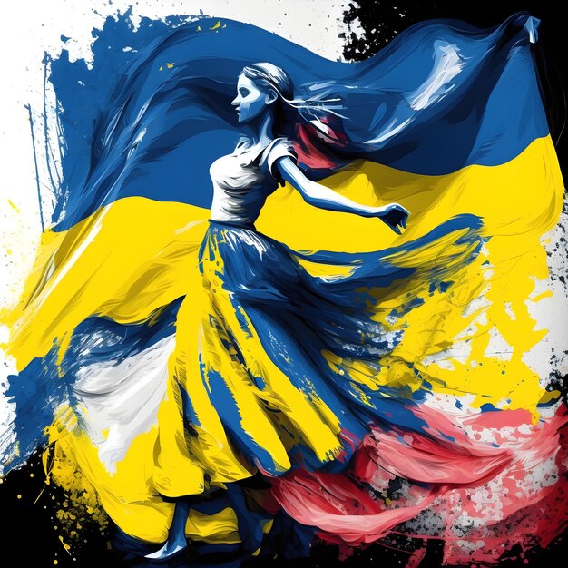 The girl is dancing in a dress in the colors of the Ukrainian flag