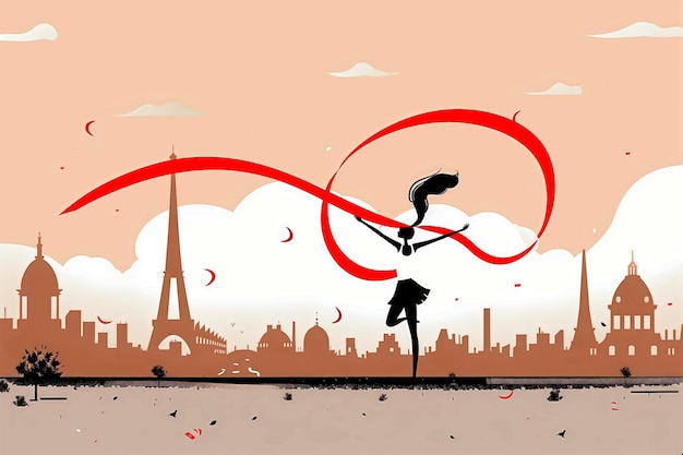 Girl is doing rhythmic gymnastics at the Paris 2024