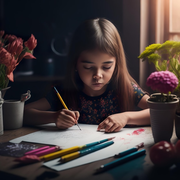 女の子がピンクの鉛筆で紙に絵を描いています。