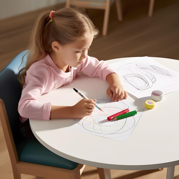 Photo a girl is drawing on a table with a red marker.