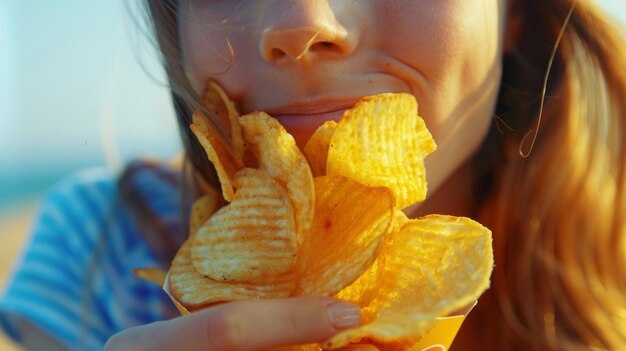 Photo a girl is eating a bag of chips