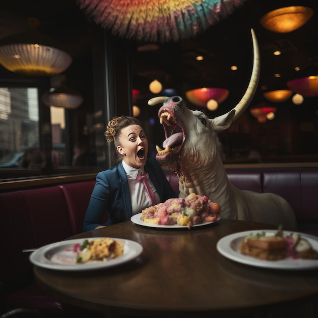 the girl is eating cake and having fun with her unicorn