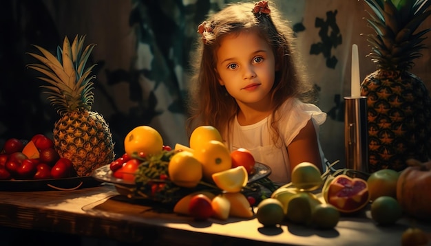 A girl is enjoying fruit in a dark room