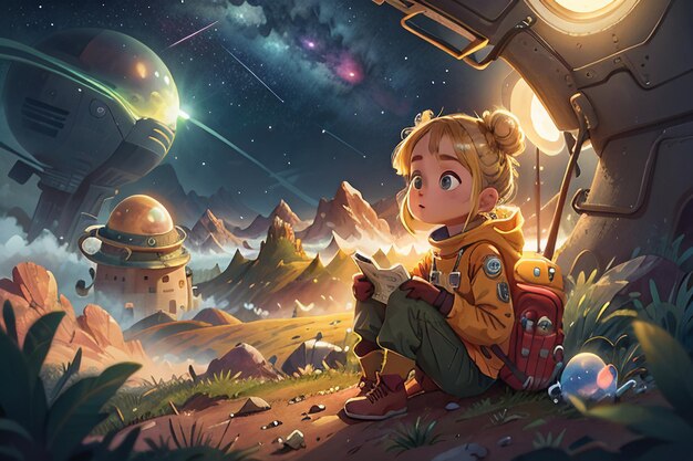 Girl is extremely lonely and hopeless in the desolate planet cartoon wallpaper background
