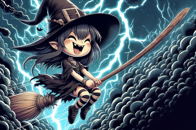 A girl is flying on broomstick in a stormy sky