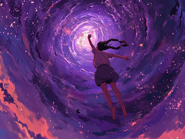 Foto una ragazza sta volando attraverso uno spazio con le parole l'universo
