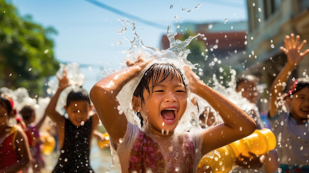 девочка веселится в воде с открытым ртом, а другие дети играют с водой.
