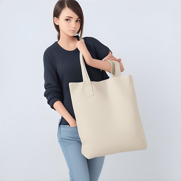 Girl is holding bag canvas fabric mockup