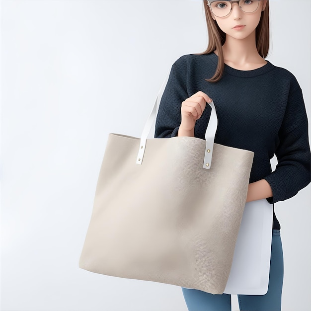 Girl is holding bag canvas fabric mockup