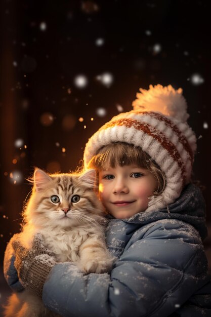 女の子がベンガル猫を抱いているクリスマスシーズン