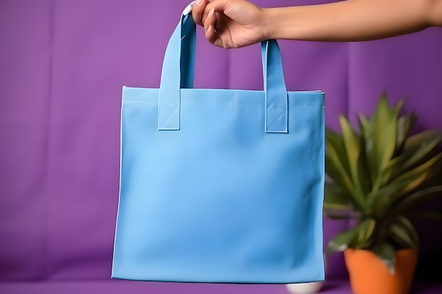 Girl is holding Blue Tote Bag in hands Bag mockup template