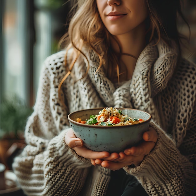 A girl is holding a bowl of greens in a sweater