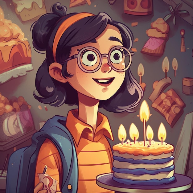 A girl is holding a cake while celebrating a birthday cartoon illustration with generative ai