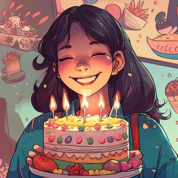 Photo a girl is holding a cake while celebrating a birthday cartoon illustration with generative ai