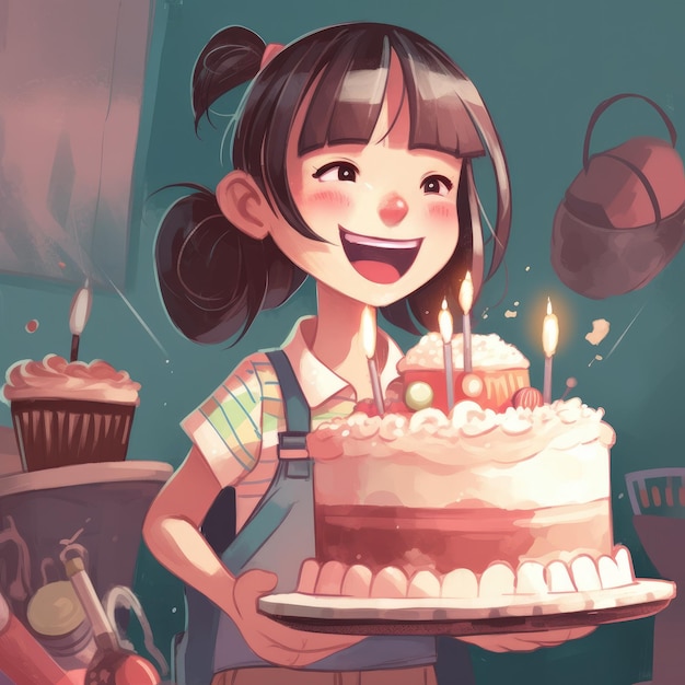 ジェネレーティブ ai を使用した誕生日の漫画イラストを祝っている間、女の子がケーキを保持しています。