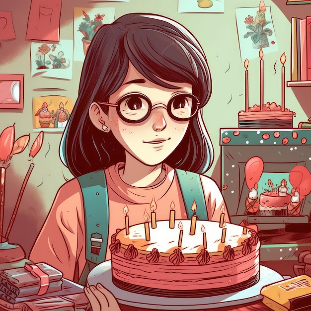 A girl is holding a cake while celebrating a birthday cartoon illustration with generative ai