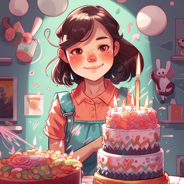 A girl is holding a cake while celebrating a birthday cartoon illustration with generative ai
