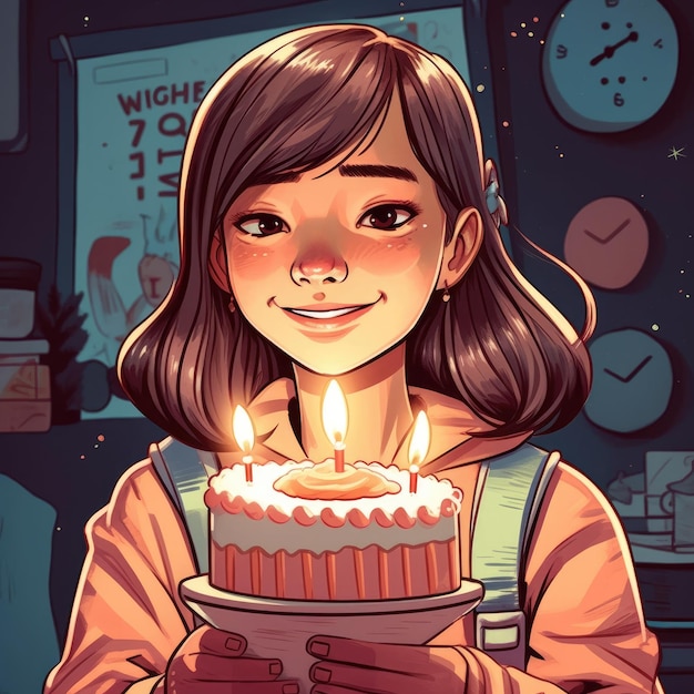 Photo a girl is holding a cake while celebrating a birthday cartoon illustration with generative ai