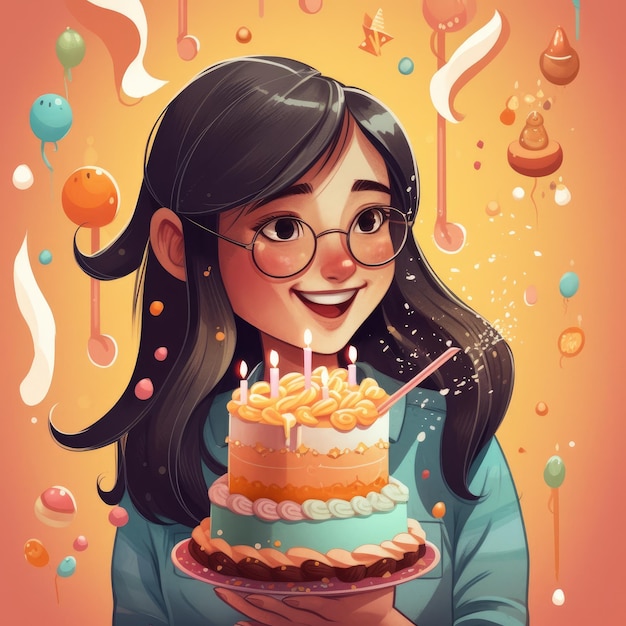 A girl is holding a cake while celebrating a birthday cartoon illustration with generative ai