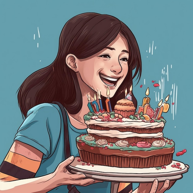 A girl is holding a cake while celebrating a birthday cartoon illustration with generative ai