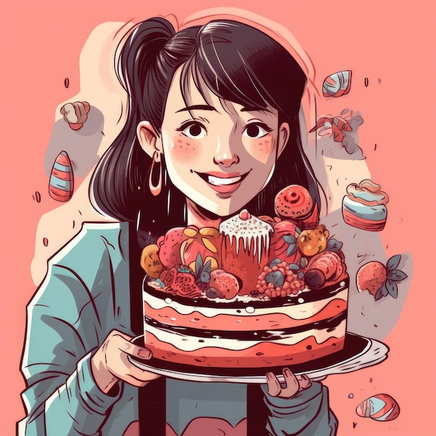 한 소녀가 생성 인공 지능으로 생일 만화 삽화를 축하하면서 케이크를 들고 있습니다.