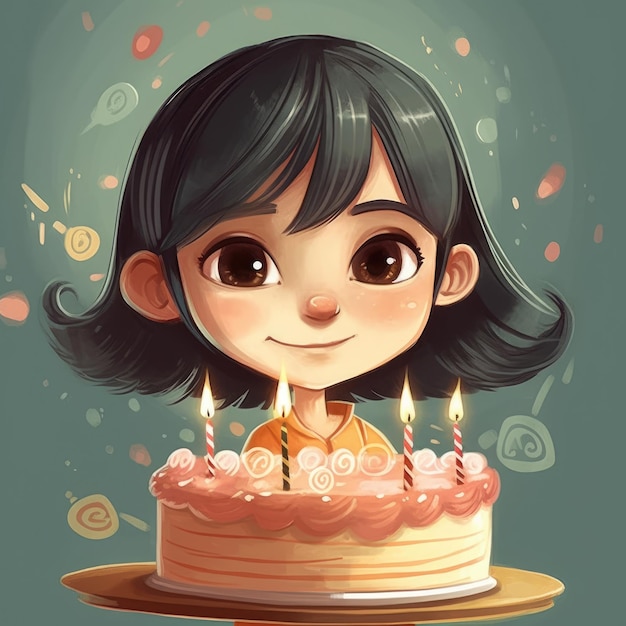 A girl is holding a cake while celebrating a birthday cartoon illustration with generative ai