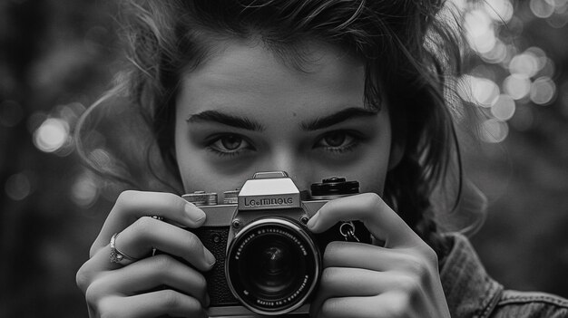 A girl is holding a camera with the word eos on it.