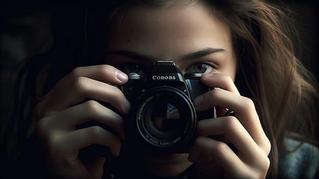 A girl is holding a canon camera.