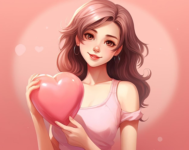 a girl is holding a cartoon heart on a pink background